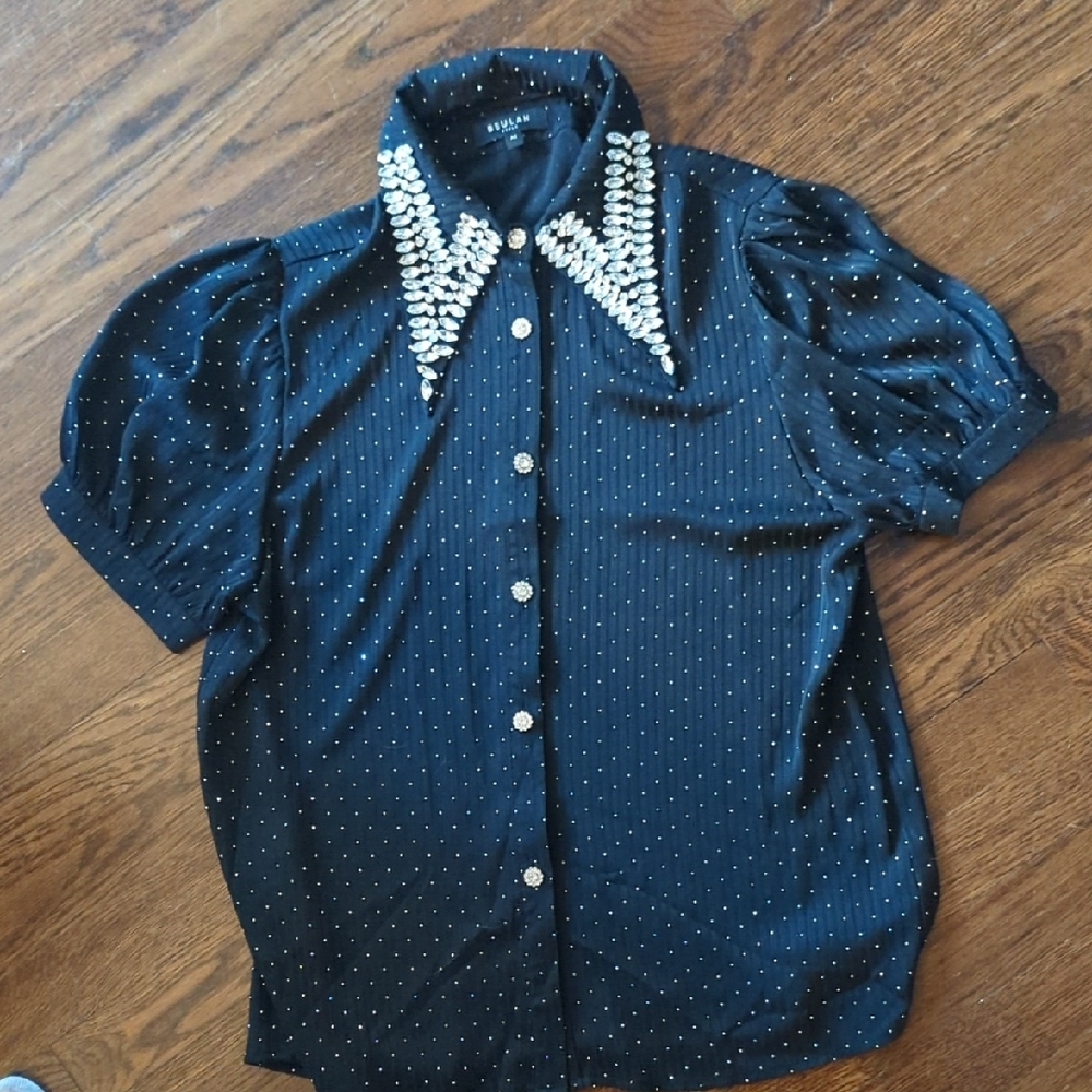 Black Short Sleeve Blouse with Embellished Collar